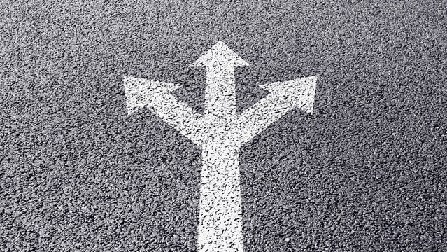 Road infrastructure, highway junction marking with directional arrows indicating route choices and traffic flow guidance on asphalt road surface.