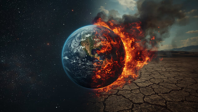 Planet Earth engulfed in flames and smoke, symbolizing global warming and environmental crisis