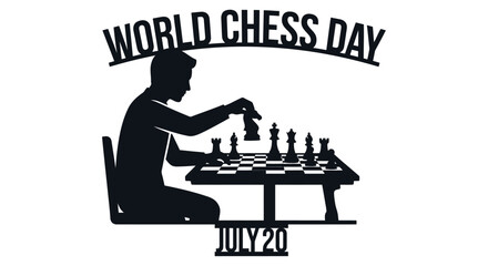 Fototapeta premium Chess player silhouette with chessboard world chess day typography on white background