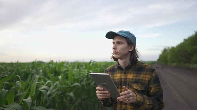 A young man stands in a corn field, observing the corn with a tablet in hand. He analyzes the corn from various angles while surrounded by rows of green corn plants.