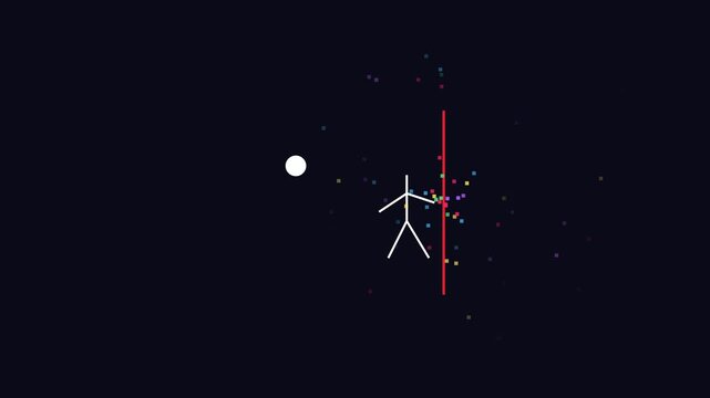 Stick figure interaction with particle cloud and vertical line abstract motion animation 4k motion digital