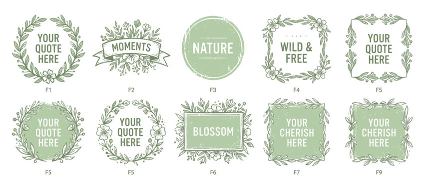 Decorative floral frames and borders with text placeholders for quotes