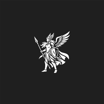 Winged Valkyrie silhouette with spear and shield.