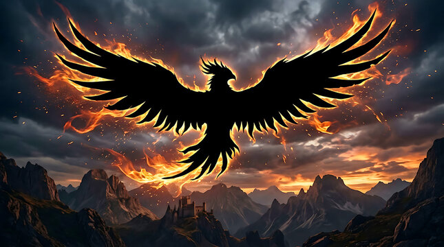 Phoenix bird silhouette rising from flames over dramatic mountains