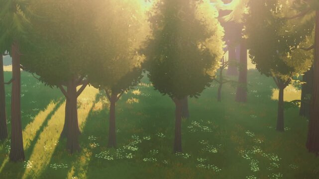 Sunlight filters through the leaves of trees in a forest. The ground is covered in grass and small flowers. The scene is set in the early morning.