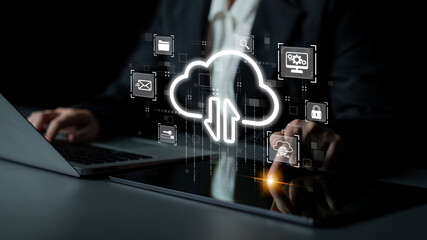Fototapeta premium Cloud computing enables digital growth with secure data storage, scalable infrastructure, and strategic cloud-based business solutions. Latch