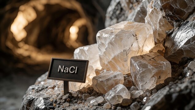 Small black sign word nacl written white letters placed top pile rocks pebbles different sizes shapes larger s