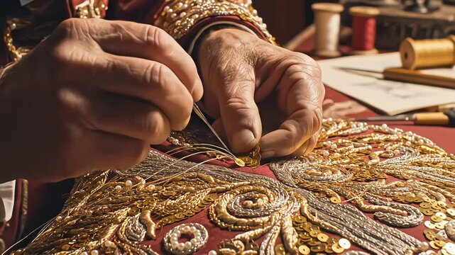 Close up of an elderly artisan using a needle and golden thread to sew intricate gold embroidery and sequins onto red velvet fabric