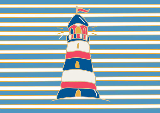 Modern Nautical Lighthouse on Breton Striped Background &ndash; Coastal Summer Illustration