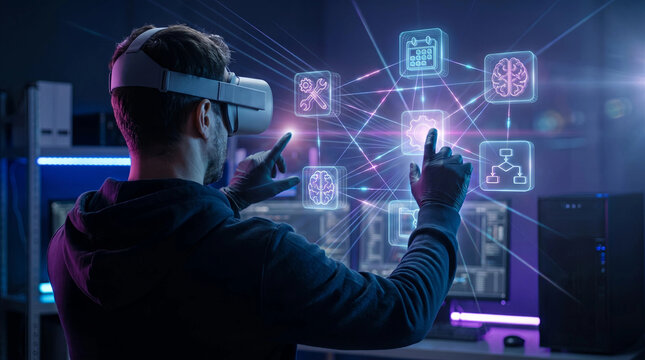 Virtual reality training with AI neural network holograms in futuristic server room