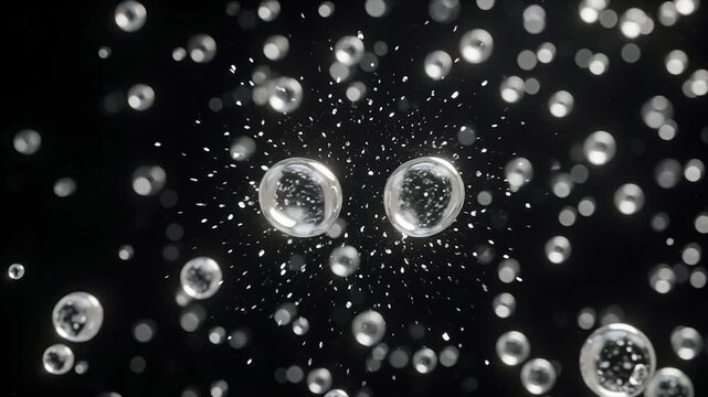 Floating transparent bubbles merging and multiplying in dark space with cinematic lighting.