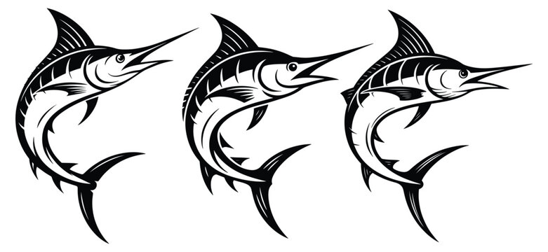 Jumping Marlin Fish Vector Illustration Set, Blue Marlin Silhouette Bundle featuring Leaping Sailfish Illustrations, Black and White Line Art for Fishing Logos, T-Shirts, Boat Decals