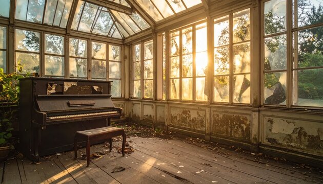 Abandoned Conservatory With Old Piano Bathed in Golden Hour Sunlight