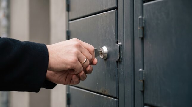 Hand turns key in dark metal locker