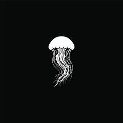 Elegant white jellyfish icon on black background. © Kuma