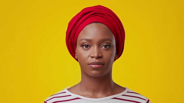 Confident Young Black Woman With Headwrap Posing In Front Of Yellow Background, Looking Directly At Camera, Exhibiting Strength And Poise. Studio Setting. Empowerment Concept.