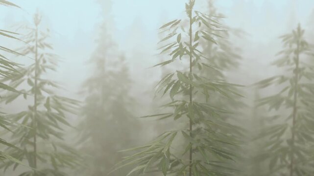 Thick fog fills the forest where tall trees stand. The scene shows multiple layers of green foliage. The time is early morning when visibility is low due to the mist.