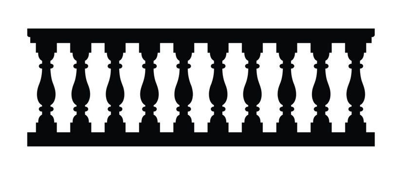Balustrade Silhouette: A graphic silhouette of a classic balustrade railing, featuring a repeating pattern of ornamental balusters and a smooth top rail, rendered in a bold black form.