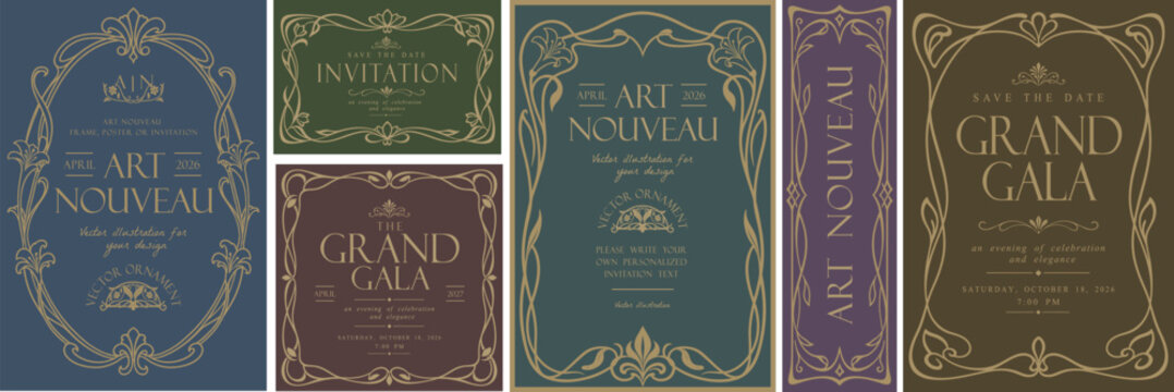 Art Nouveau Gala vector set with ornate floral frame, vintage typography, line art, ornament, plant and decorative design elements for wedding invitation, poster, card, border or classic branding	
