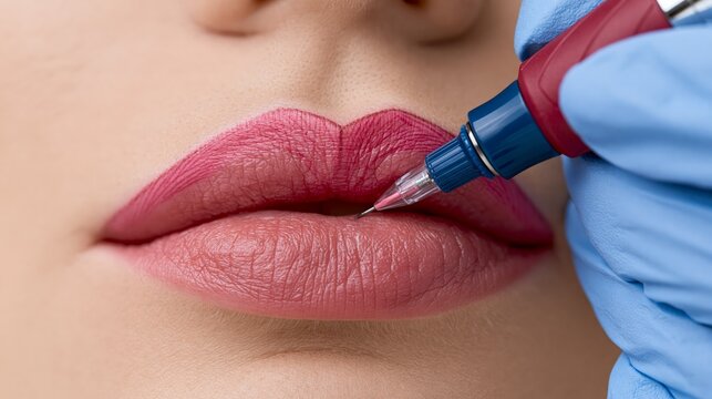 Permanent makeup machine needle at the cupid's bow of a client's lip in an extreme symmetric centered closeup. Concept of lip micropigmentation.