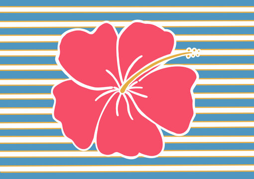 Tropical Hibiscus Flower on Breton Striped Background &ndash; Modern Coastal Summer Illustration