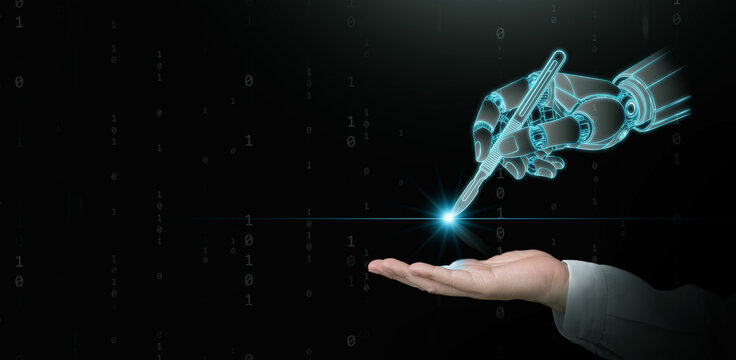 Medical robotics concept. Doctor hand presenting robotic hand and surgical scalpel. Artificial intelligence, automation, AI precision, precision healthcare, innovation, and future medical technology