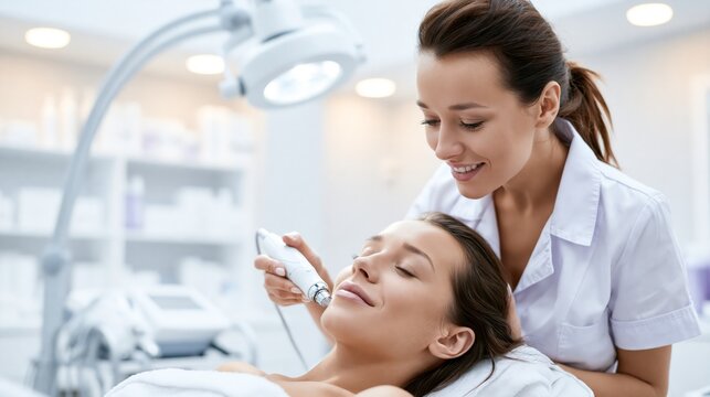 Esthetician using a microdermabrasion handpiece on a reclined client showing the full treatment room from wall to wall. Concept of skin resurfacing.