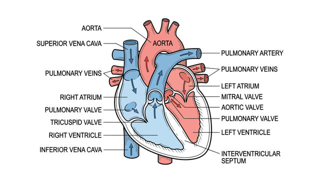 Anatomical diagram of the human heart showing chambers, valves, and major vessels