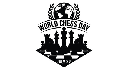 Chess Pieces And Globe Silhouette With World Chess Day Typography © Saidul_Studio1984