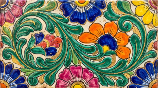Mexican floral folk pattern decorative ceramic tile art with talavera botanical traditional cultural ornamental colorful