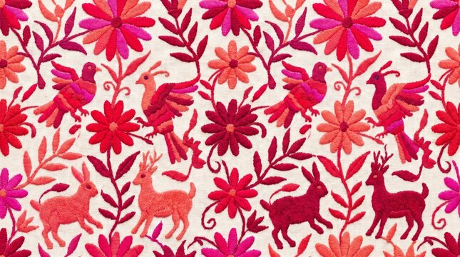 Mexican floral folk pattern featuring animals and birds embroidery seamless talavera botanical traditional cultural