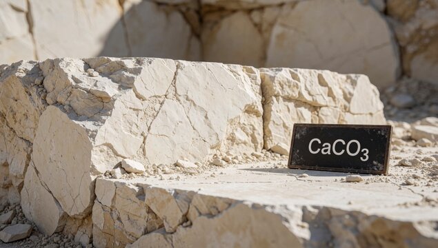 Large rock formation small black sign reads caco3 appears made multiple layers different sizes shapes larger r