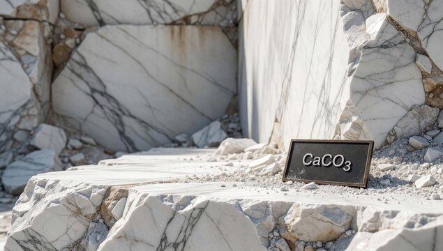 Close-up pile white marble blocks word caco3 written black capital letters stacked top each other scattered gr