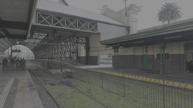 Camera panning from diesel railway platforms to the modern electric train in La Plata terminal. D-Log M, 10-bit color, flat log profile.