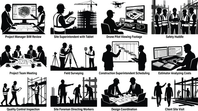 Set of construction industry silhouettes featuring project managers, engineers, site foremen, and surveyors working on building sites