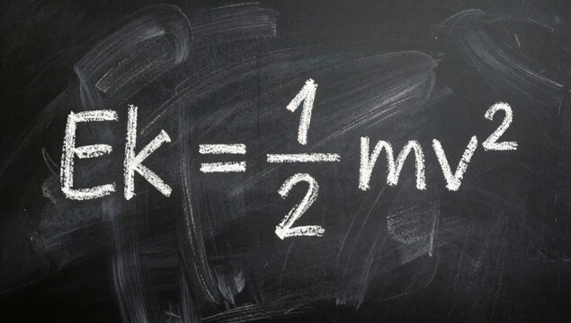 Blackboard white chalk writing reads mv2 equation written simple hand-drawn style centered background black ma