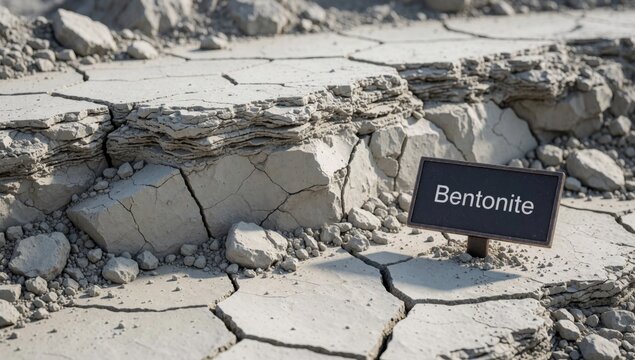 Close-up dry cracked ground small black sign reads bentonite white letters covered rocks pebbles cracks deep w