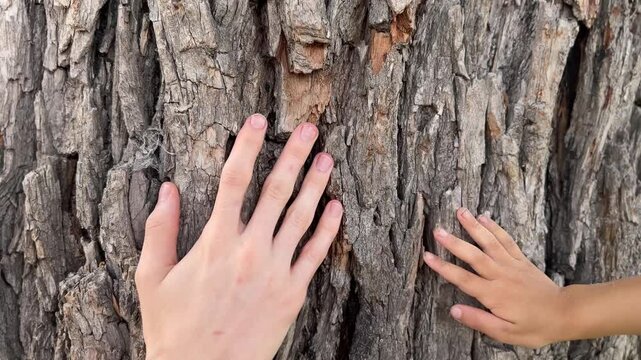 A man and a boy touch the rough bark of a tree together. The man s hand and the boy s hand interact with the tree's textured surface.