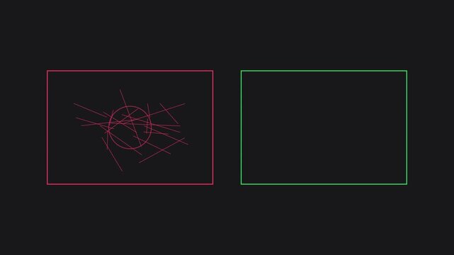 Minimalist abstract geometric animation with red scribble circle and green rectangle frame on dark 4k background