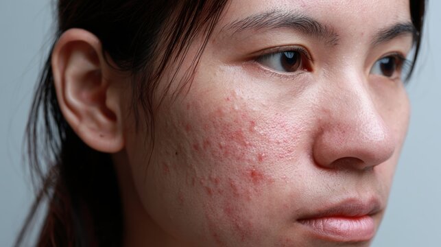 acne on woman face with rash skin, scar, and red skin syndrome allergic to cosmetics, use steroids, dermatology, inflammation, infection, hygiene