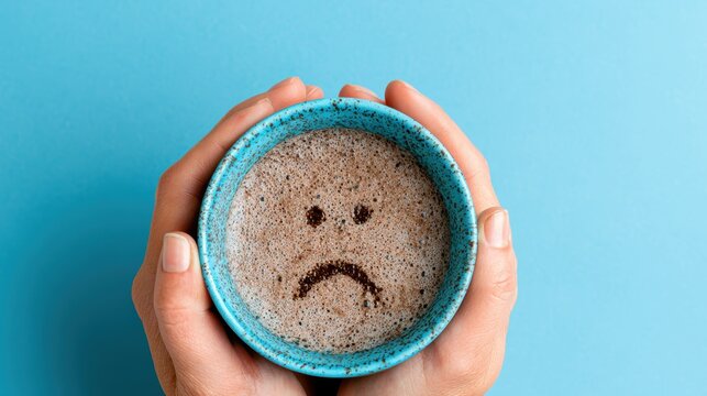Woman hands holding coffee cup with sad face drawn on coffee. on blue background with copy space. Emotions, blue Monday, hard morning, difficult day