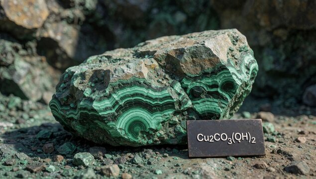 Large rock label reads cu2co3 oh2 appears made combination green brown stones having rough texture jagged edge
