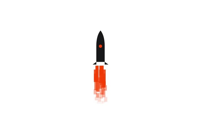 Minimalist rocket launch animation with red exhaust flame on 4k white background, space travel