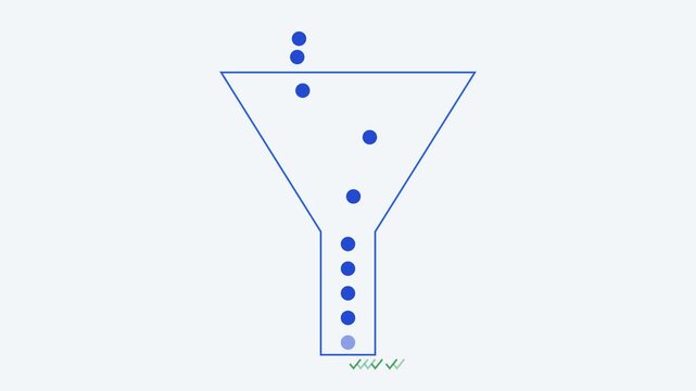Sales funnel conversion process animation with blue dots passing through a marketing funnel for business growth strategy 4k