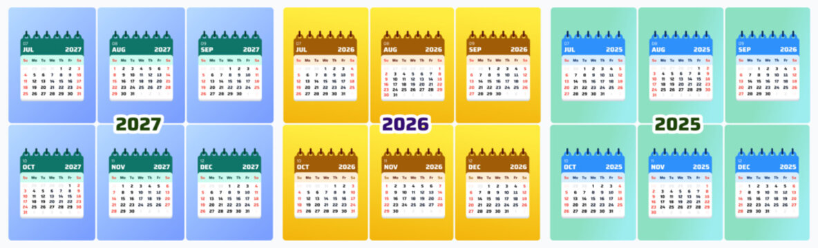 Quarterly calendar set featuring July through September for multiple years in vibrant vector style suitable for business planners and printable templates