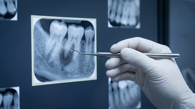 Dentistry. Dentist reviewing a dental X-ray image with an explorer instrument, analyzing tooth anatomy, cavities and oral health conditions during a clinical examination.