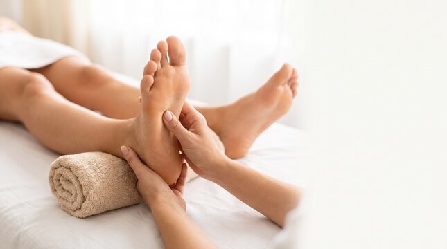 Podiatry. Foot massage and reflexology treatment with hands applying pressure to a person's sole in a relaxing wellness setting, representing foot care and therapeutic therapy.