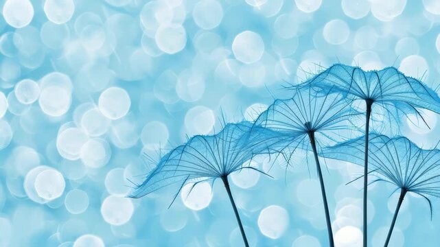 Delicate Dandelion Seed Heads in Blue: Ethereal dandelion seed heads drift gracefully against a soft, bokeh-filled blue background, creating a dreamy and serene atmosphere.