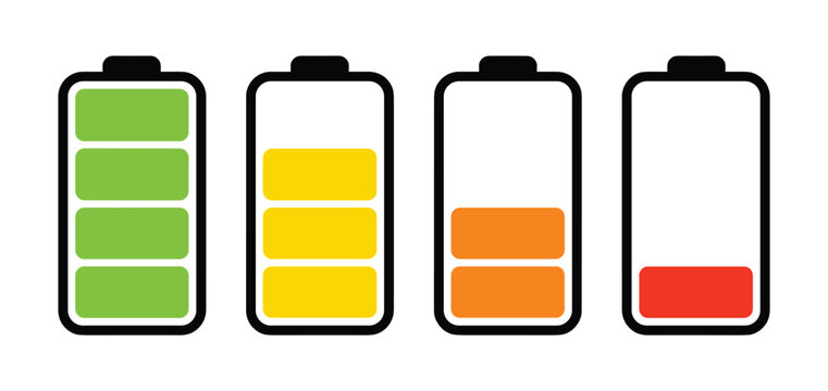 Battery Level Indicator. A graphic showing four battery icons with different charge levels, from full green to empty red, indicating power status.