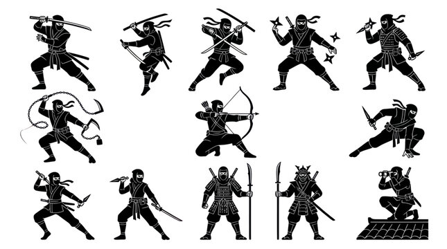 including katana master  dual blade fighter  shuriken specialist  kusarigama wielder  bow ninja  stealth assassin  female ninja  masked commander  and rooftop scout. Ultra-detailed flat design using 